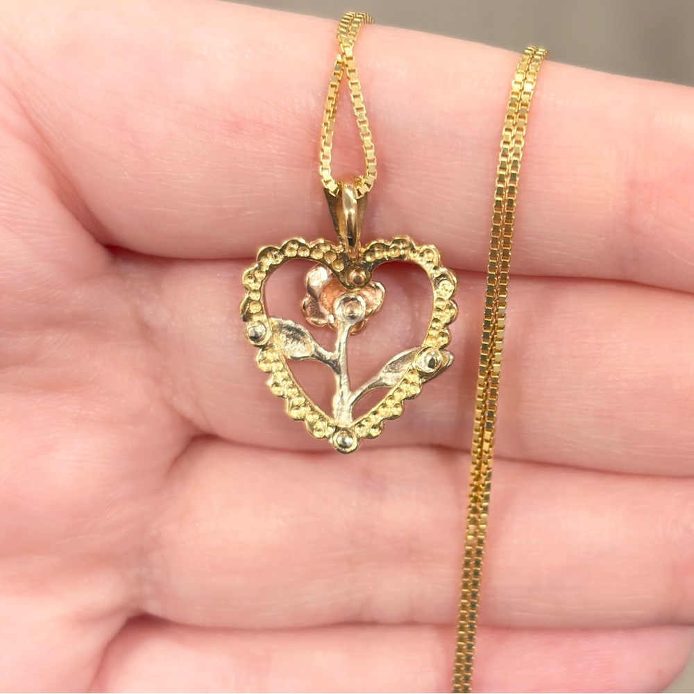 14K Black Hills Gold Rose Heart Pendant - Laser Etched Floral - Picture 9 of 10